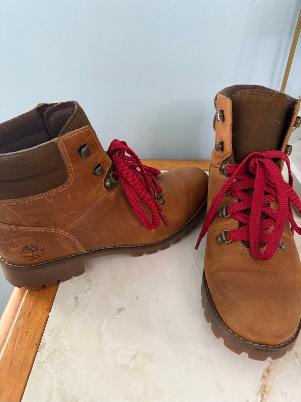 Timberland Tan Leather Boots with Red Laces
